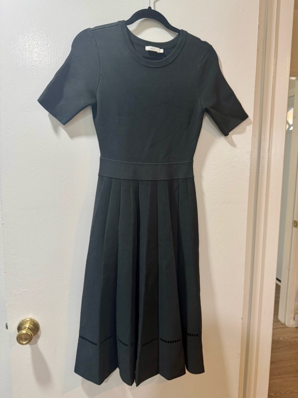A.L.C. Black Knit Dress Small Pleated Skirt Short Sleeve Fit & Flare Midi